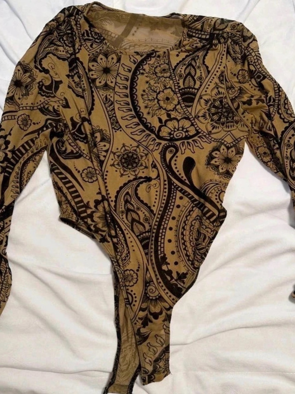 Women’s Paisley Long-Sleeve Bodysuit Sweater - Tan/Black XXL /20-22